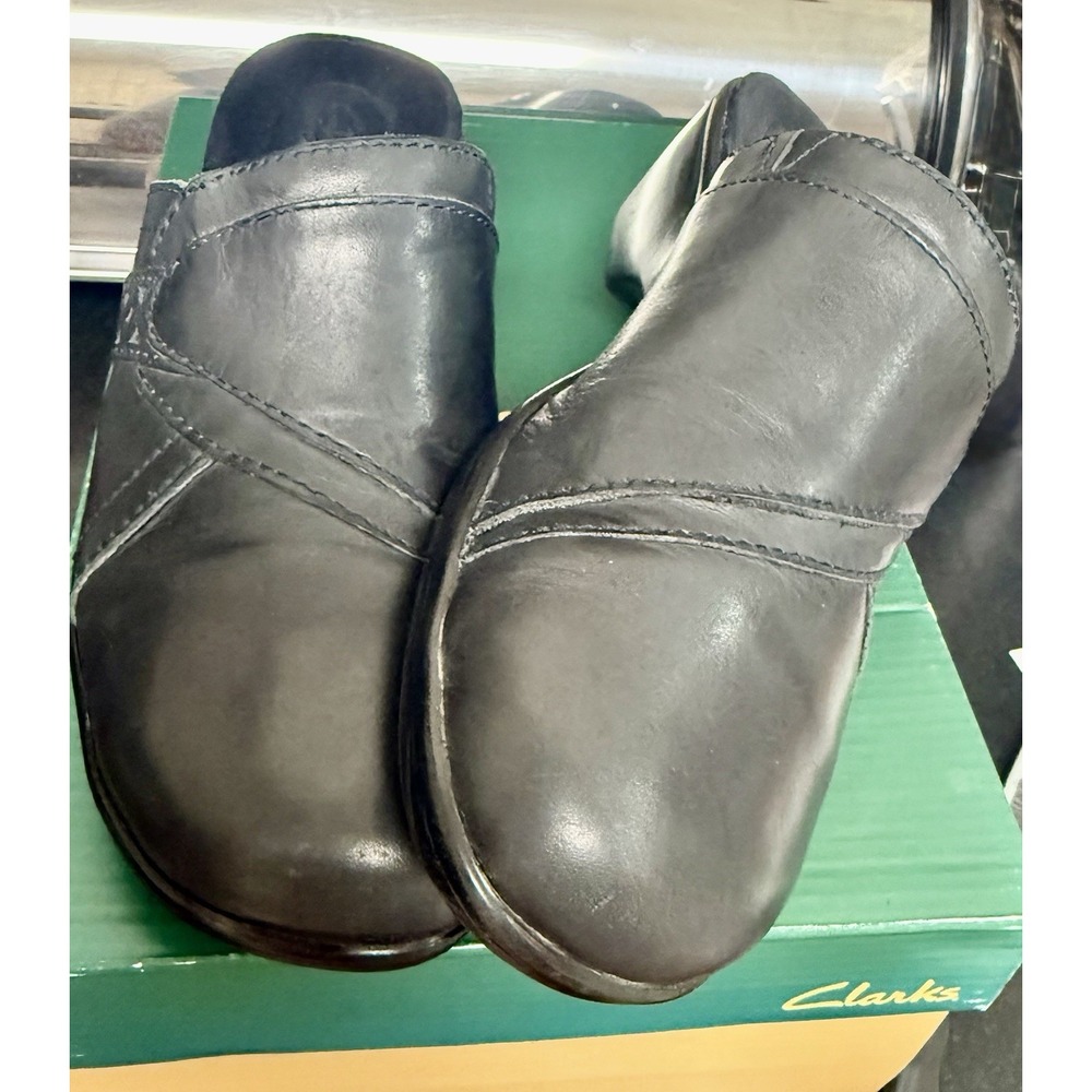 Clarks Bendables Leather Clogs  Mules Navy Blue Slip On Shoes Women's 8.5 M